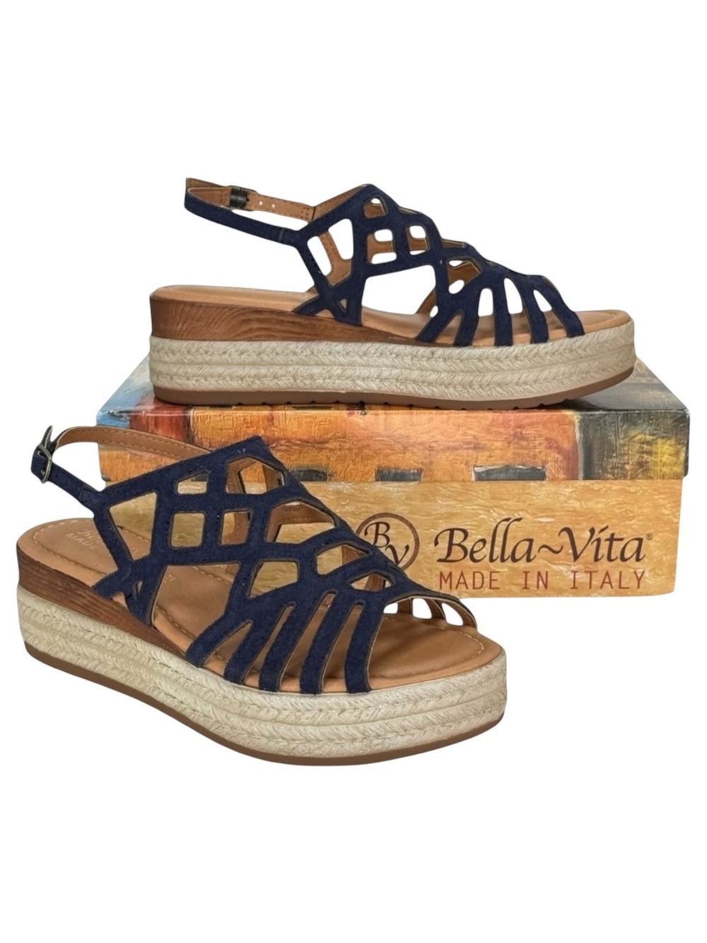 Bella Vita Zip-Italy Navy Leather Womens Wedge Sandals Size 12M - Picture 1 of 14
